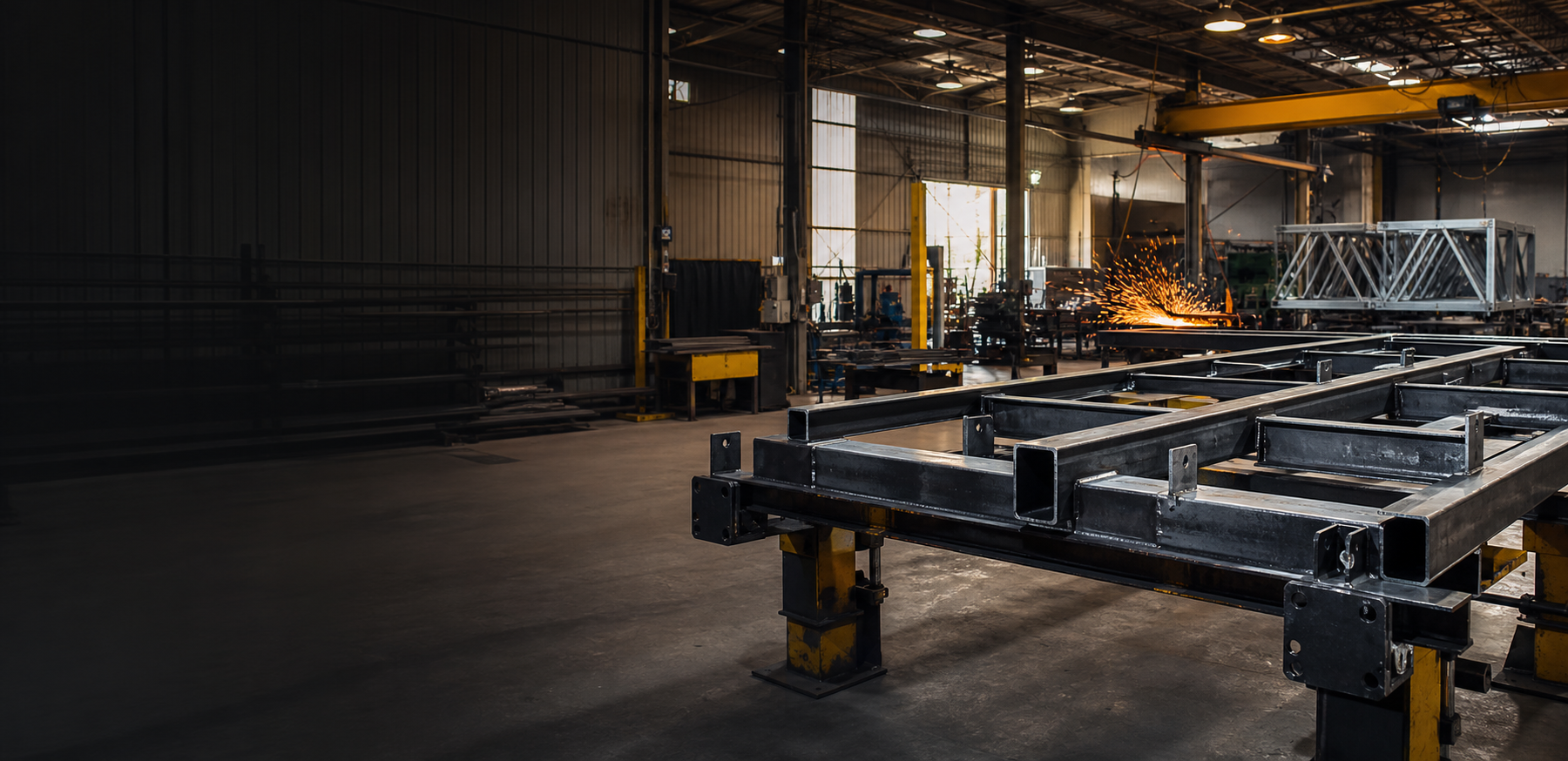 Steel fabrication workshop with structural steel frames and metalwork equipment